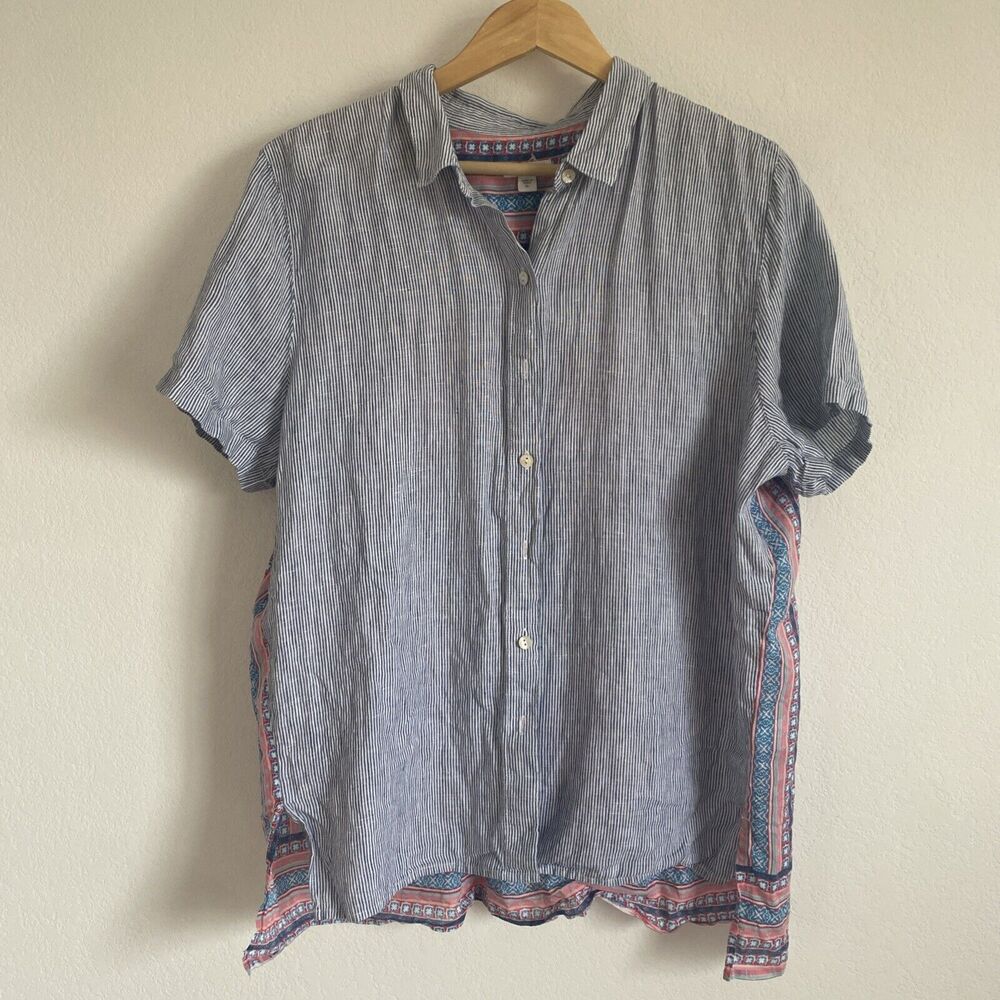 J. Jill Blue and White Striped Button-Down Shirt with Pink Printed Trim